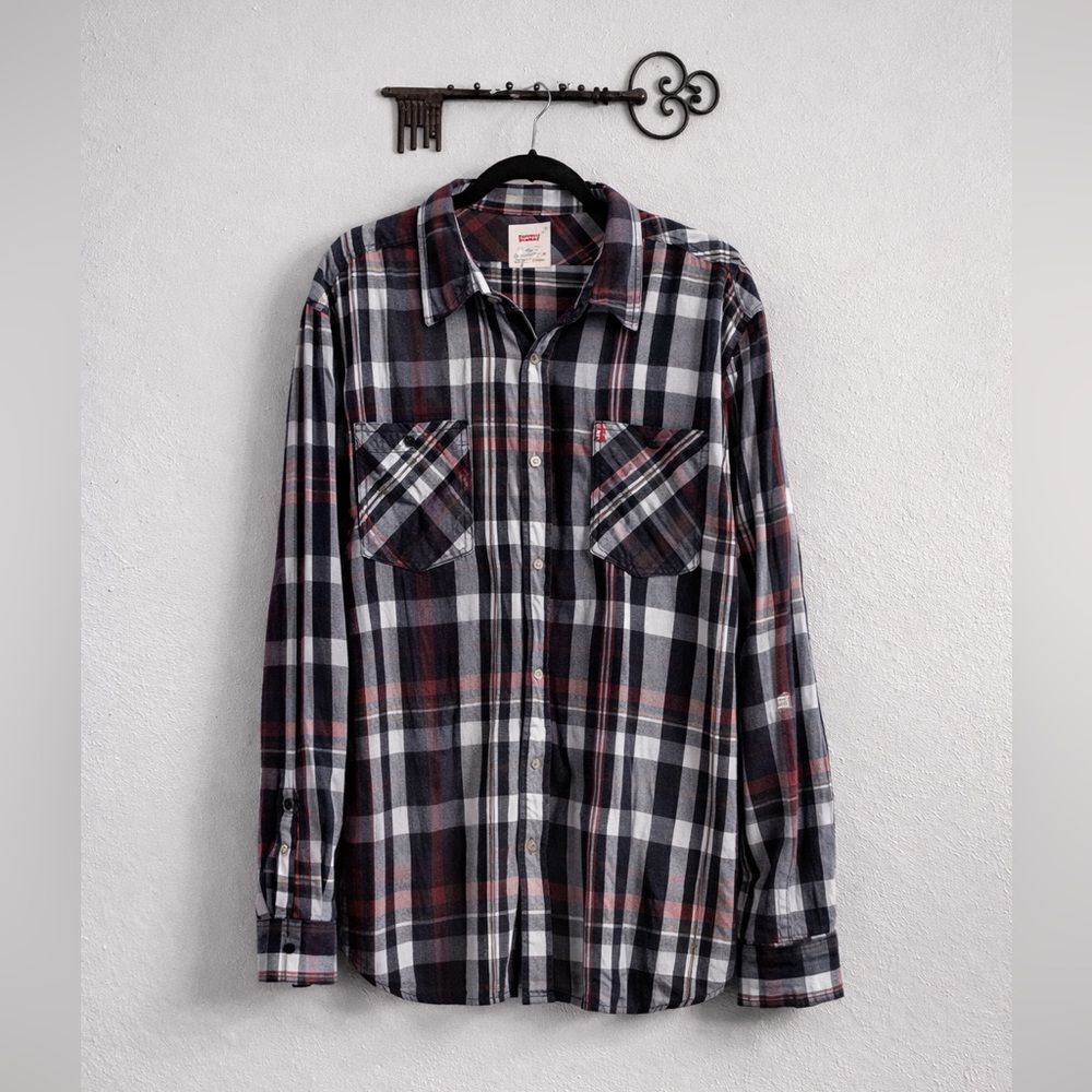Levi's Men's Casual Plaid Shirt - Black, White, Red XXL